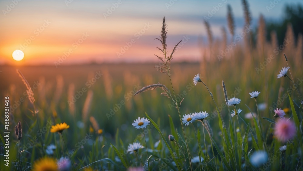 Fototapeta premium A meadow at sunset with wildflowers and tall grass, capturing the beauty of nature and the peaceful atmosphere.