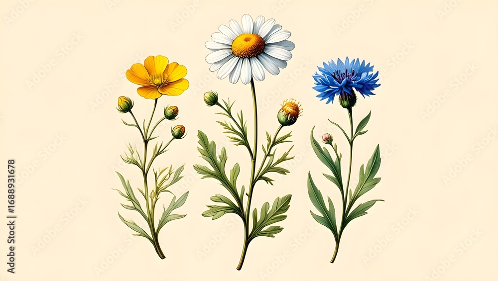 Fototapeta premium Hand-Drawn Wildflower Collection with Daisies, Clovers, Poppies, and Lavender in Fine Sketch Lines