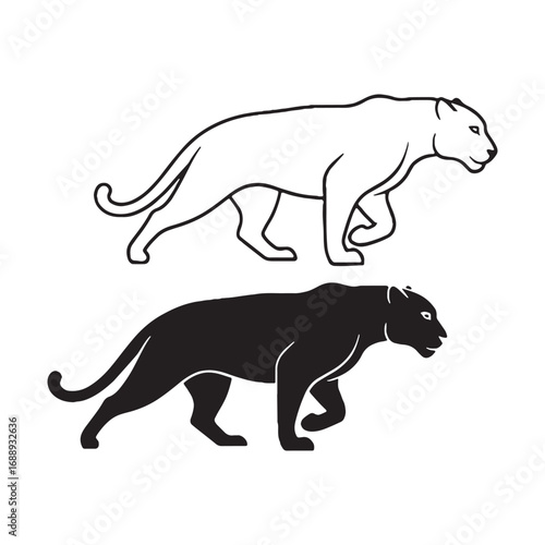 Flat Jaguar Silhouette & Jaguar Lineart – Jaguar Vector Image with Minimalist Line Emphasis – Jaguar Illustration – Silhouette and Lineart Set of Jaguar