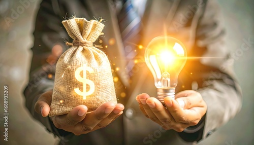 Businessman holding money bag and light bulb