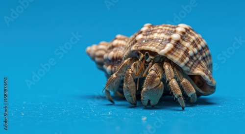 Hermit Crab in Seashell on Blue.