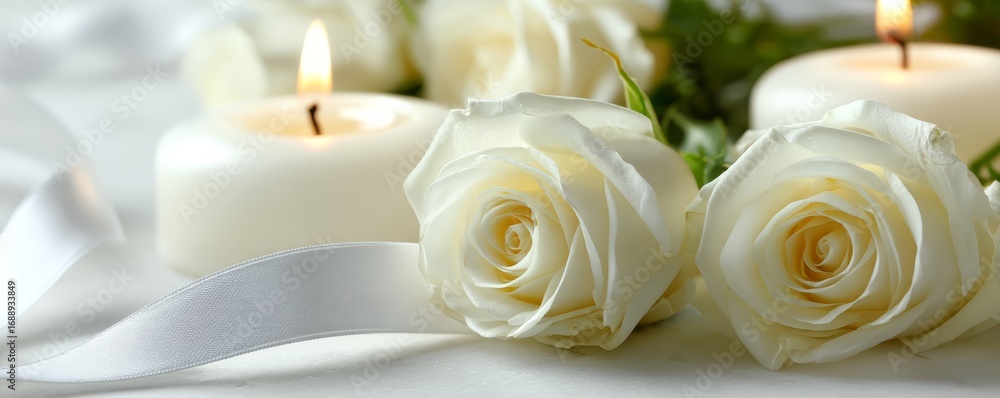 Fototapeta premium top view of memorial items including candles, white roses, and ribbons, Remembrance for Victims of Terrorism, , perfect for weddings or special occasions.