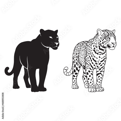 Classic Jaguar Silhouette & Jaguar Lineart – Jaguar Vector Art Emphasizing Strong Wild Cat Profile – Black Vector of Jaguar – Vector Set of Jaguar