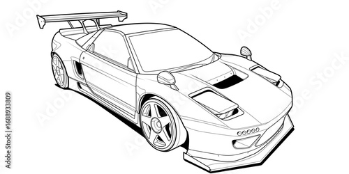 Vector coloring page illustration of a high-speed car. Black contour line art, isolated on a white background. Clean stroke outline without fill, perfect for books, drawing activities