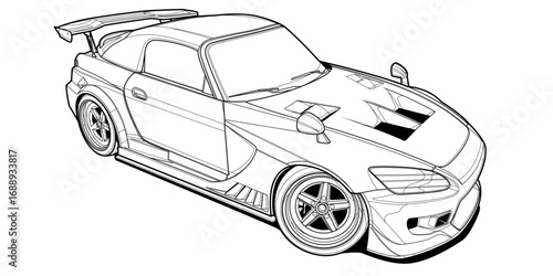 Vector coloring page illustration of a high-speed car. Black contour line art, isolated on a white background. Clean stroke outline without fill, perfect for books, drawing activities