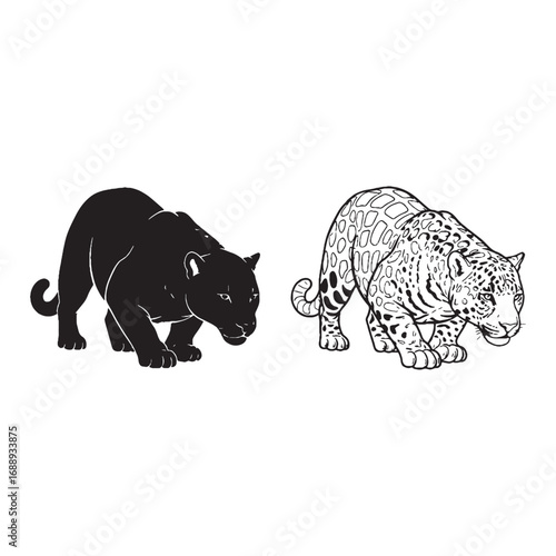 Minimal Jaguar Silhouette & Jaguar Lineart – Jaguar Vector Graphic Featuring Clean Wildlife Outline – Jaguar Illustration – Silhouette and Lineart Set of Jaguar