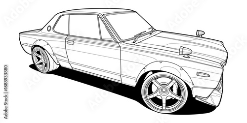 Adult coloring page vector illustration of a high-speed car in a front view. Black contour line art, isolated on a white background, perfect for books, drawing activities, and graphic design projects.