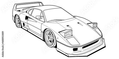 Vector coloring page illustration of a high-speed car. Black contour line art, isolated on a white background. Clean stroke outline without fill, perfect for books, drawing activities