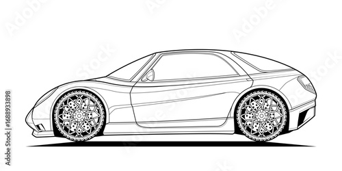 Adult coloring page for book and drawing. Car vector line art illustration. High speed drive vehicle. Graphic element. wheel. Black contour sketch illustrate Isolated on white background.