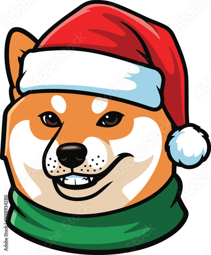  A charming pixel art illustration of a Shiba Inu dog wearing a Santa hat and green scarf. Perfect for holiday greetings, festive designs, or adding a cute touch to your projects. 