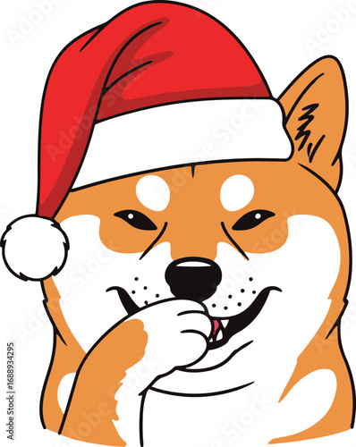 A mischievous Shiba Inu dog, wearing a Santa hat,