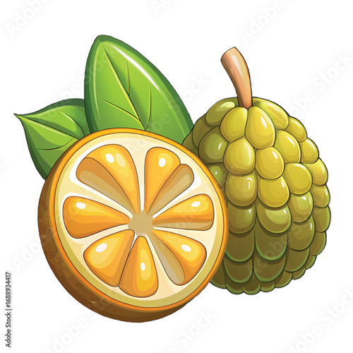 Illustrated Custard Apple and Orange on a White Background.