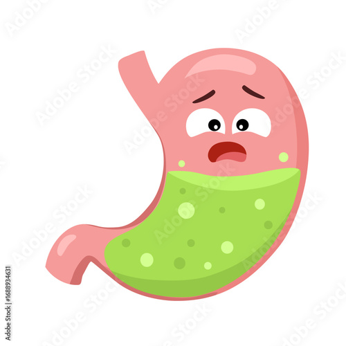 Stomach disease. The Human Stomach is Full of Stomach Acid. Nausea, Belching, Acid Reflux. Vector illustration. Anatomy and Medicine