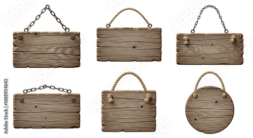 Collection of six rustic wooden signs with rope and chain hangers, isolated on white background