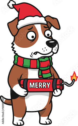 A pixel art illustration of a Jack Russell Terrier wearing a Santa hat and scarf, nervously holding a lit Christmas-themed dynamite stick