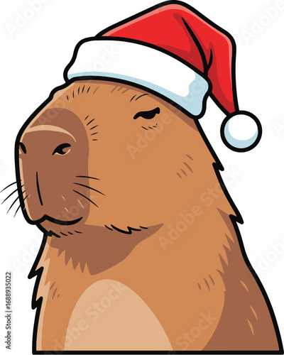 A charming pixel art depiction of a capybara, sporting a festive Santa hat, exudes holiday spirit. Its relaxed expression adds a touch of whimsical charm.