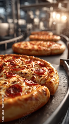 Wallpaper Mural Freshly baked pizzas on a conveyor belt in a bustling kitchen during peak lunch hours Torontodigital.ca