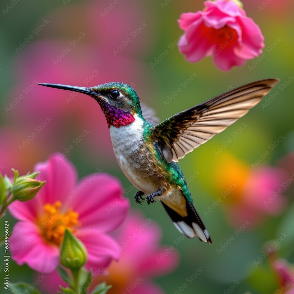 Fototapeta premium Vibrant Hummingbird Hovering Near Bright Pink