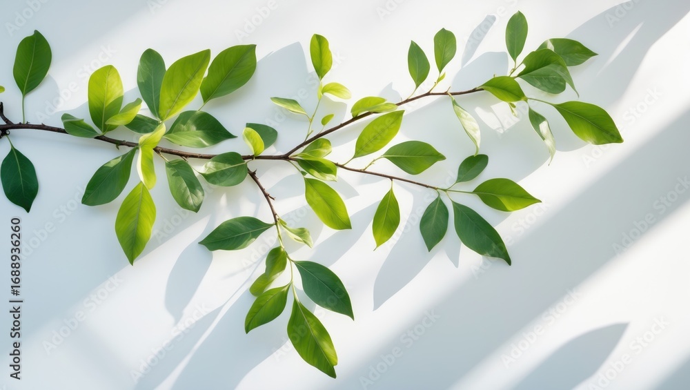 Obraz premium Branch with green leaves on a white and blue background, casting shadows.