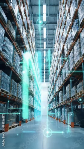 A smooth, cinematic low-angle tracking video through a vast, ultra-modern futuristic warehouse aisle with towering shelves, neat uniform inventory, glowing blue and green data streams, visualizing