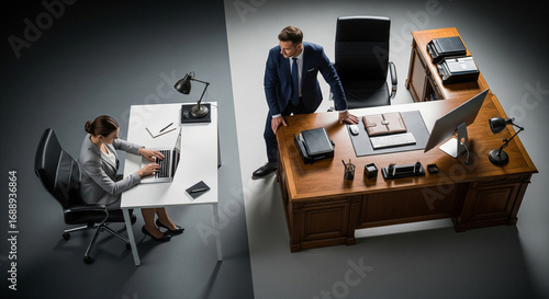 A symbolic office scene with one modern desk and one traditional desk, highlighting workplace inequality, gender roles, and corporate hierarchy.