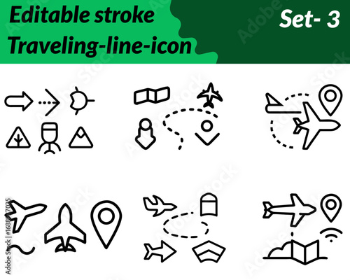 Traveling icon character designed with a suitcase. airplane globe and location pin symbolizing journey adventure and exploration.Created in a clean flat vector style with bright modern tones it conve.