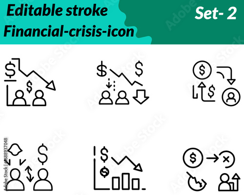 Financial-crisis icon character designed with declining graph, broken coin, and dollar symbol to represent economic downturn loss and instability. Illustrated in a clean flat vector style with sharp.