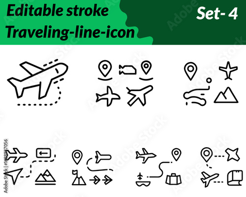 Traveling icon character designed with a suitcase. airplane globe and location pin symbolizing journey adventure and exploration.Created in a clean flat vector style with bright modern tones it conve.