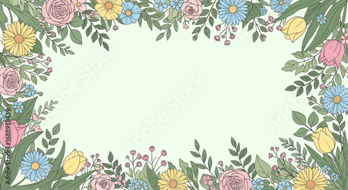 A beautiful floral border with a variety of colorful flowers and green leaves on a light green background, perfect for spring or summer themes.