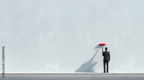Fototapeta Naklejka Na Ścianę i Meble -  Businessman painting a large blank wall, symbolizing a fresh start and new opportunities