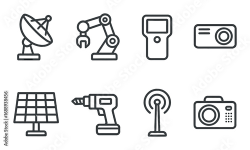 Black icons grid: antenna, robotic arm, scanner, camera, solar panel, drill, satellite, signal
