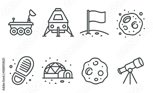 Monochrome space exploration icons: rover, lander, flag, asteroids, footprint, habitat, telescope