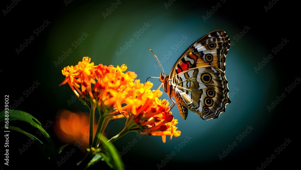 Obraz premium Butterfly perched on bright orange flowers with a dark and moody background image is nice