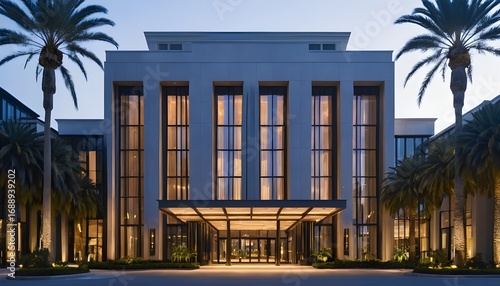 Grand modern hotel entrance illuminated at dusk with elegant palm trees framing the facade