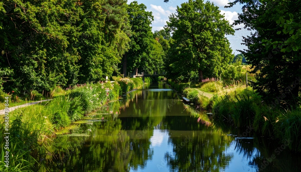 Fototapeta premium Serene waterway with lush green foliage and a small arched bridge reflected in the calm water. The scene is bathed in sunlight, suggesting a peaceful and tranquil environment, ideal for a stroll