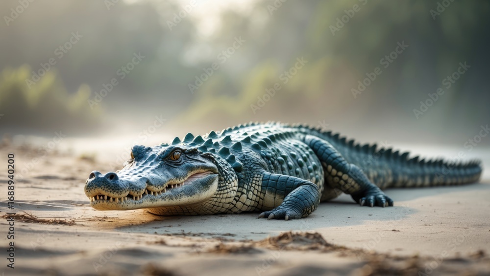 Fototapeta premium Crocodile lying on the sand in a natural environment. Wildlife and animal habitat, concept. Reptiles and nature. The concept of outdoor animal observation.