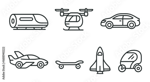 Futuristic transport icons: hyperloop, drone, car, flying car, skateboard, rocket, pod