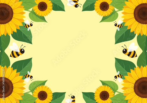 Sunflower and bee frame with a yellow background.
