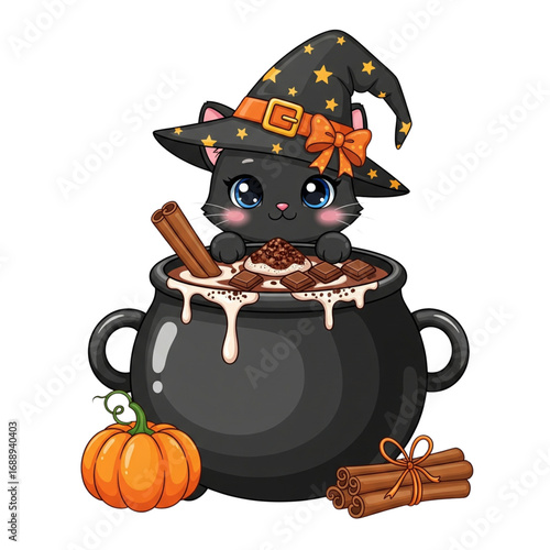 Cute cartoon black witch cat in a starry hat, peeking from a cozy cauldron of hot chocolate, with pumpkin and cinnamon.