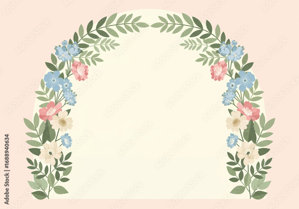 Obraz premium Elegant floral arch illustration with pastel flowers and green leaves, perfect for wedding invitations or decorative frames.