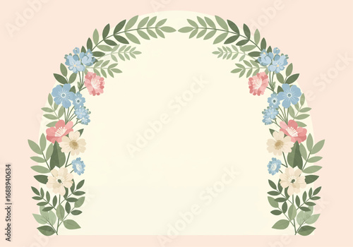 Elegant floral arch illustration with pastel flowers and green leaves, perfect for wedding invitations or decorative frames.
