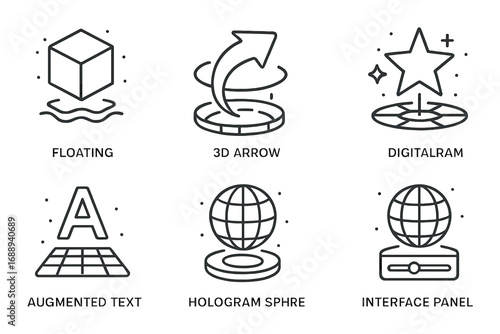 Futuristic augmented reality icons with floating cube, 3d arrow, digital star, globe interface