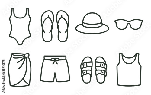 Minimalist beach icons: swimwear, flip-flops, hat, sunglasses, wrap, shorts, sandals, tank top