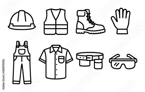 Essential construction gear icons – hard hat, safety vest, work boots, gloves, overalls, shirt, belt, goggles