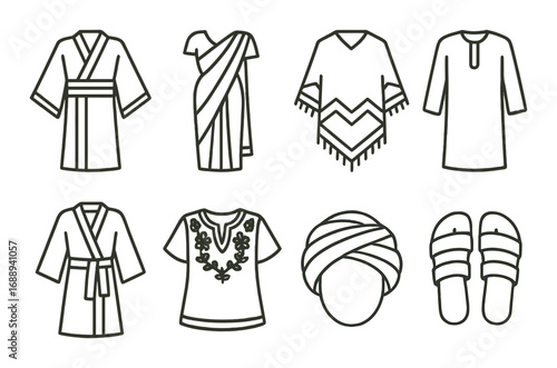 Ethnic clothing line art: traditional garments and accessories on brown background