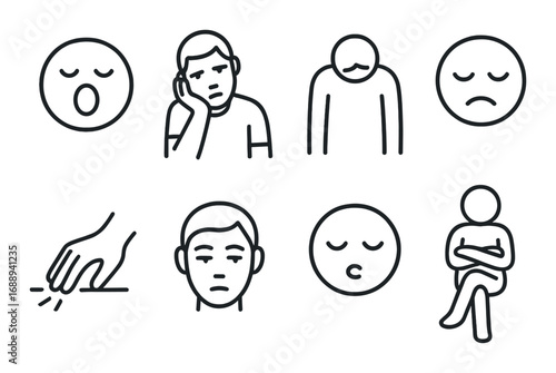 Monochrome emotional icons: sadness, fatigue and reflection in simplistic design