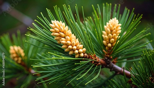 Close-up of pine branch with young, pale yellow cones