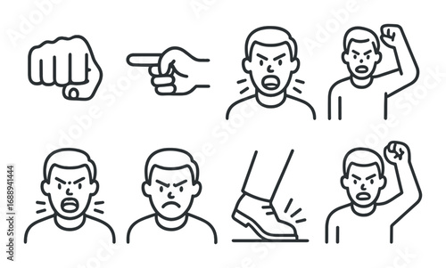 Animated expressions and gestures: anger, defiance, motion in line art style