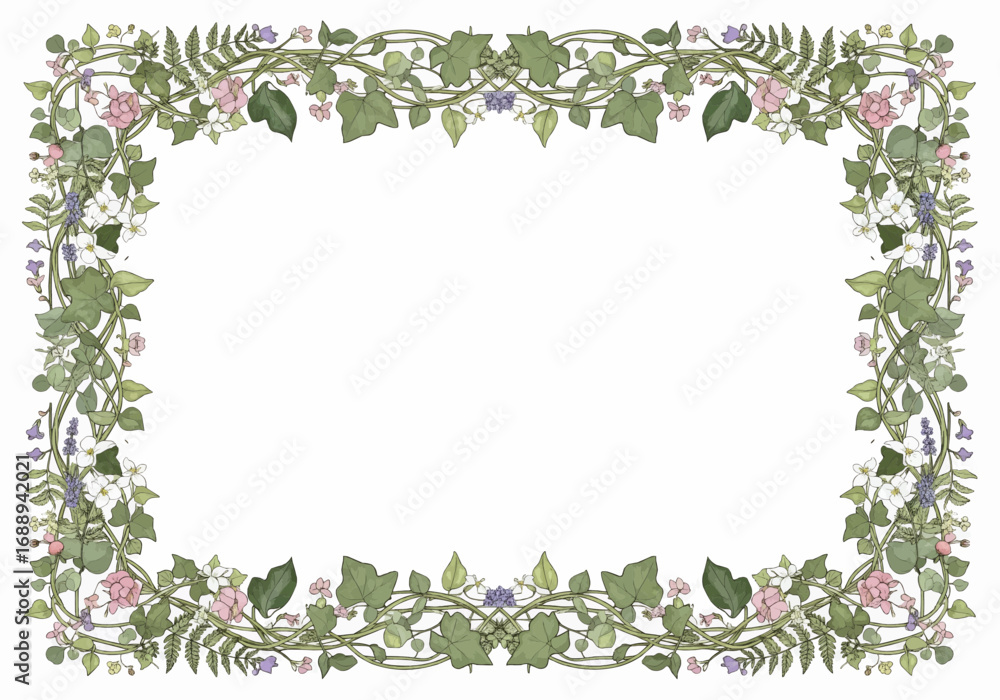 Obraz premium Ornate botanical frame with green leaves, pink flowers, and purple accents on a white background, perfect for invitations or decorative borders.