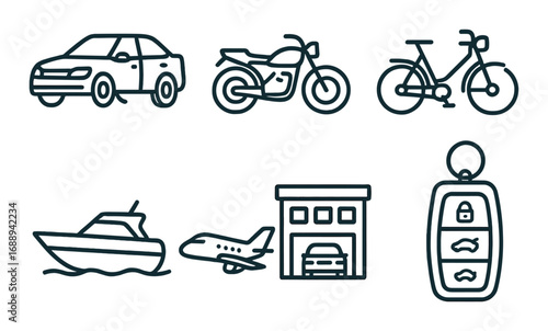 Icon set featuring car, motorcycle, bicycle, boat, airplane, garage, and key fob